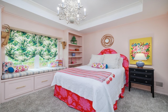 carpeted bedroom with crown molding, a chandelier, and visible vents