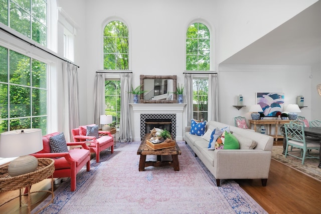 living room with a tiled fireplace, wood finished floors, and a towering ceiling