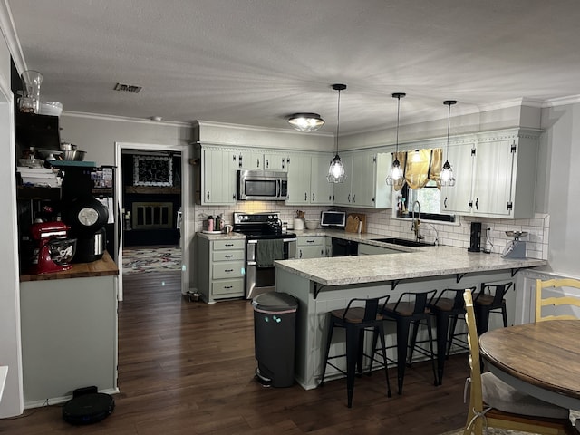 kitchen featuring a sink, stainless steel appliances, a peninsula, visible vents, and ornamental molding