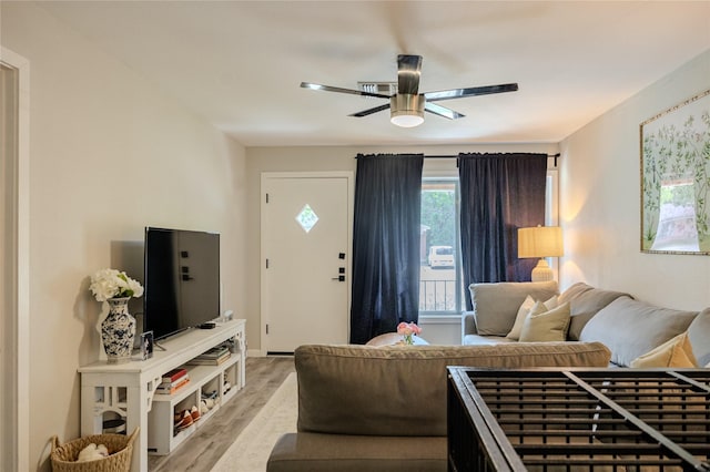 living area featuring ceiling fan and light wood-type flooring