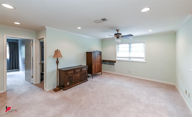unfurnished room with light carpet, a ceiling fan, recessed lighting, and visible vents