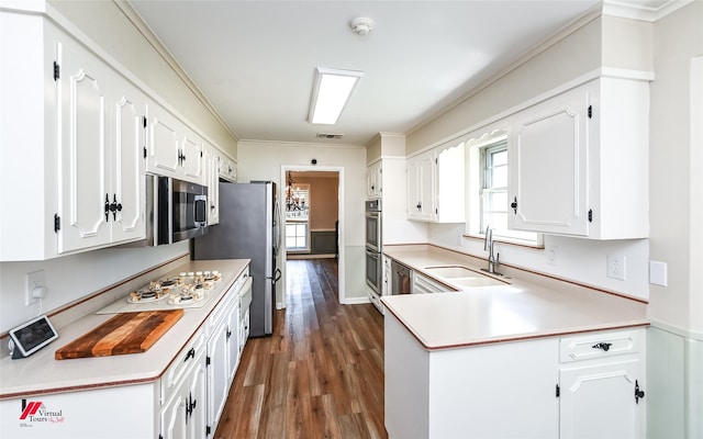 kitchen with crown molding, appliances with stainless steel finishes, a sink, dark wood finished floors, and white cabinetry