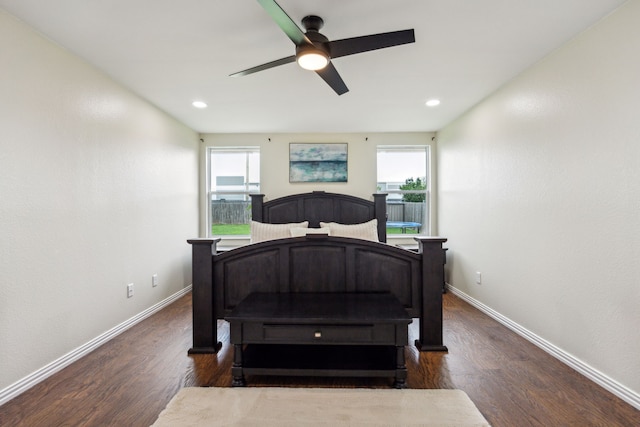 bedroom with dark wood-style flooring, baseboards, recessed lighting, and ceiling fan