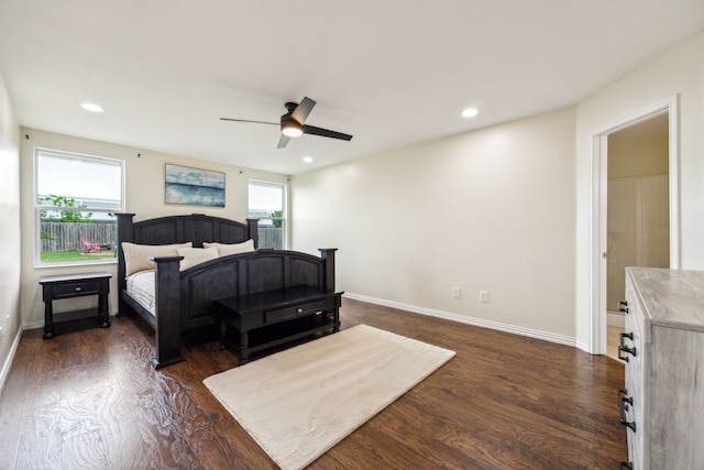 bedroom with recessed lighting, baseboards, ceiling fan, and dark wood finished floors