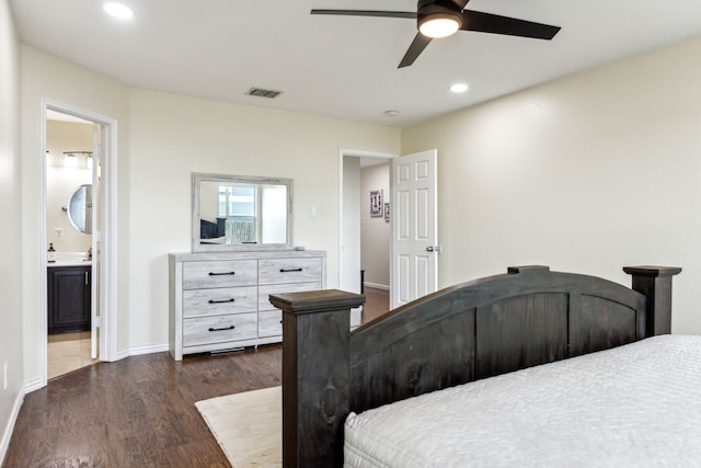 bedroom with dark wood finished floors, recessed lighting, baseboards, a ceiling fan, and visible vents
