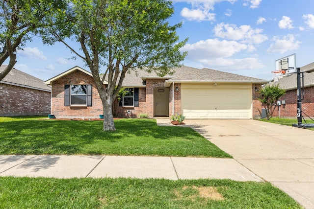 ranch-style house with a garage, brick siding, a front lawn, concrete driveway, and a shingled roof