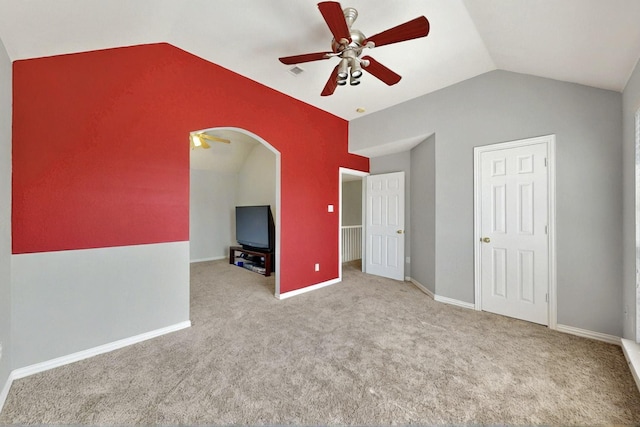 3017 Holford Rd, Richardson, TX 75082 - unfurnished bedroom featuring vaulted ceiling, carpet flooring, and a ceiling fan