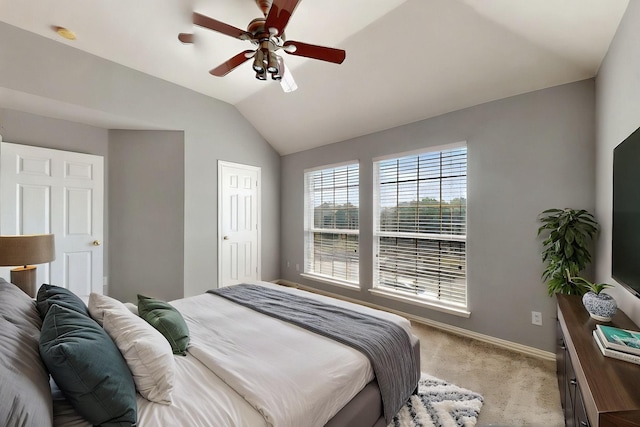3017 Holford Rd, Richardson, TX 75082 - bedroom with light colored carpet, lofted ceiling, baseboards, and ceiling fan