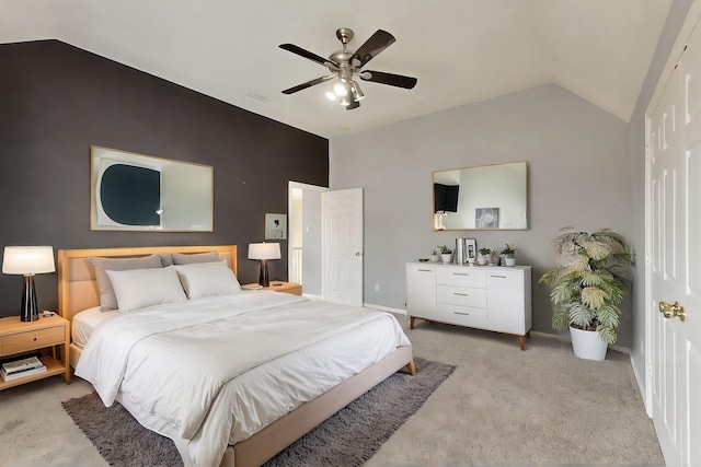 3017 Holford Rd, Richardson, TX 75082 - bedroom featuring light colored carpet, baseboards, lofted ceiling, and ceiling fan