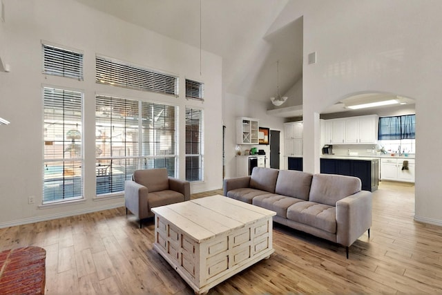 3017 Holford Rd, Richardson, TX 75082 - living area featuring arched walkways, light wood-type flooring, high vaulted ceiling, and plenty of natural light