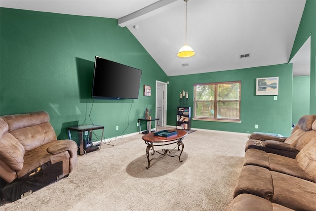 carpeted living area featuring vaulted ceiling with beams, baseboards, and visible vents