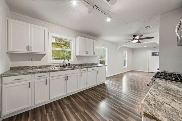 2301 Connor Ave, Waco, TX 76706 - kitchen with visible vents, a sink, stainless steel range with gas cooktop, white cabinetry, and rail lighting