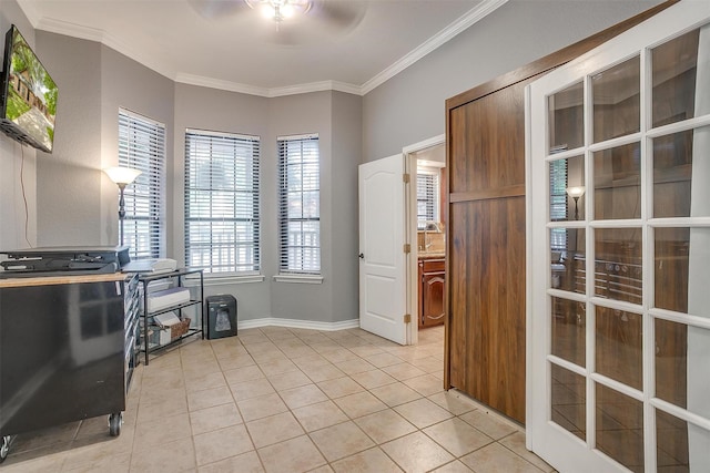7116 Westover Dr, Granbury, TX 76049 - interior space with crown molding, a ceiling fan, baseboards, and light tile patterned floors