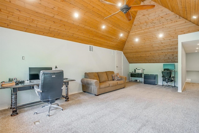 7116 Westover Dr, Granbury, TX 76049 - office featuring wood ceiling, ceiling fan, recessed lighting, and lofted ceiling