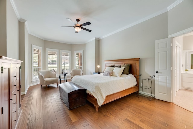 bedroom with baseboards, ornamental molding, ceiling fan, and wood finished floors