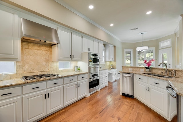 kitchen with wall chimney range hood, crown molding, appliances with stainless steel finishes, a sink, and a warming drawer