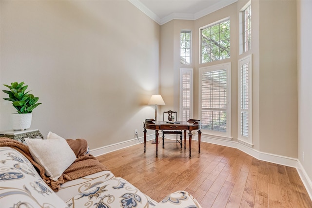 office space with baseboards, plenty of natural light, ornamental molding, and light wood-style flooring