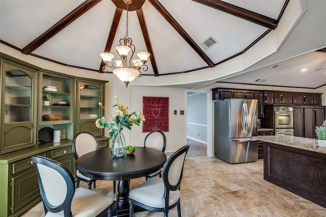 dining space with a chandelier, beamed ceiling, visible vents, and high vaulted ceiling