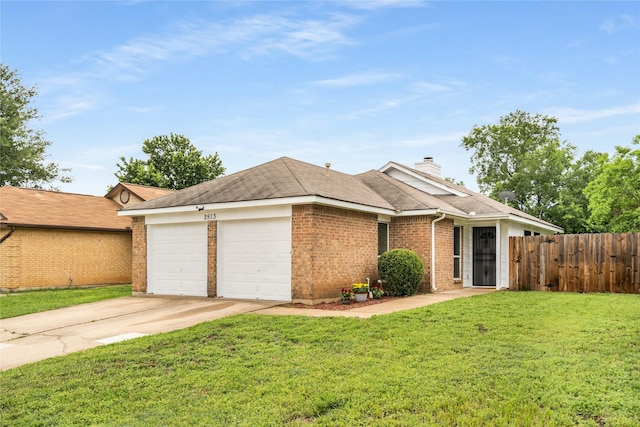ranch-style house with a garage, fence, a front yard, brick siding, and concrete driveway
