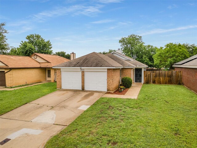 single story home with fence, a garage, a front yard, a chimney, and driveway