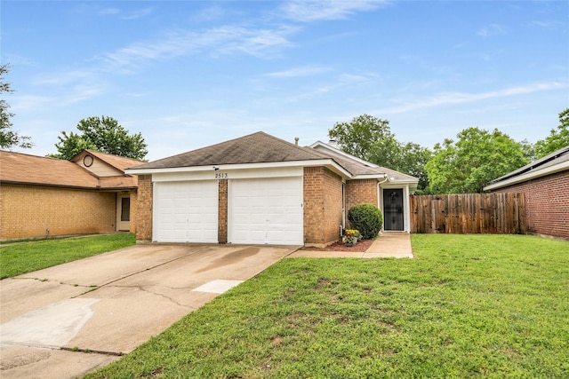 single story home with a front lawn, fence, brick siding, concrete driveway, and an attached garage