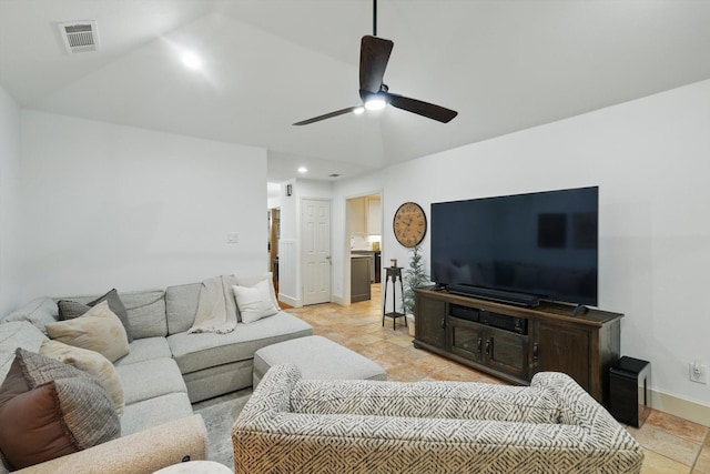 living area featuring a ceiling fan, baseboards, recessed lighting, vaulted ceiling, and visible vents