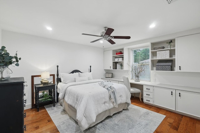 bedroom with recessed lighting, a ceiling fan, and light wood-style floors