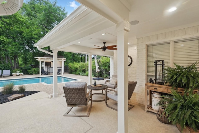 view of patio / terrace featuring a ceiling fan, a pergola, an outdoor living space, and an outdoor pool