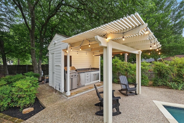 view of patio / terrace with a fenced in pool, a fenced backyard, a pergola, and area for grilling