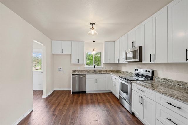 kitchen featuring a sink, appliances with stainless steel finishes, dark wood finished floors, and a healthy amount of sunlight