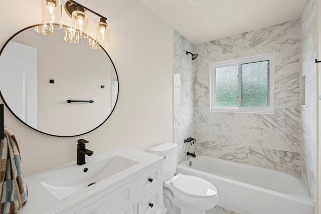 bathroom with toilet,  shower combination, a notable chandelier, and vanity