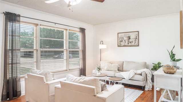 living area with a textured ceiling, ornamental molding, a ceiling fan, and wood finished floors