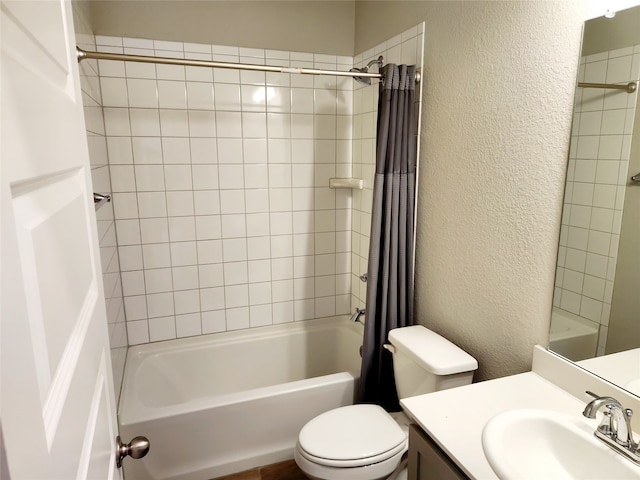 10076 Travis Dr, Providence Village, TX 76227 - bathroom with vanity, a textured wall, toilet, and shower / bath combination with curtain