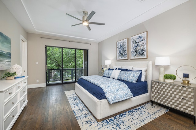 bedroom with access to outside, baseboards, ceiling fan, and wood finished floors