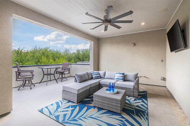 7809 Merit Ln, Plano, TX 75024 - view of patio / terrace with an outdoor hangout area, a ceiling fan, and an outdoor bar