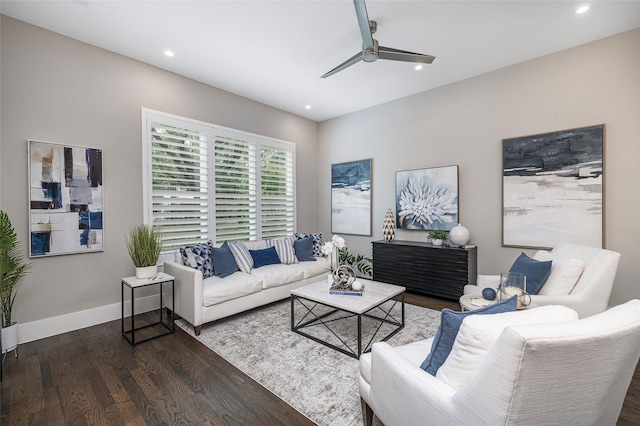 living room with recessed lighting, baseboards, ceiling fan, and wood finished floors