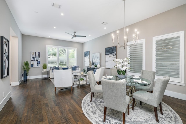dining space featuring baseboards, recessed lighting, wood finished floors, and visible vents