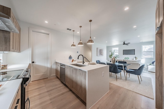 kitchen featuring a sink, light wood-style flooring, wall chimney exhaust hood, stainless steel appliances, and a peninsula