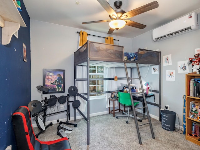 interior space featuring baseboards, carpet, ceiling fan, and a wall unit AC