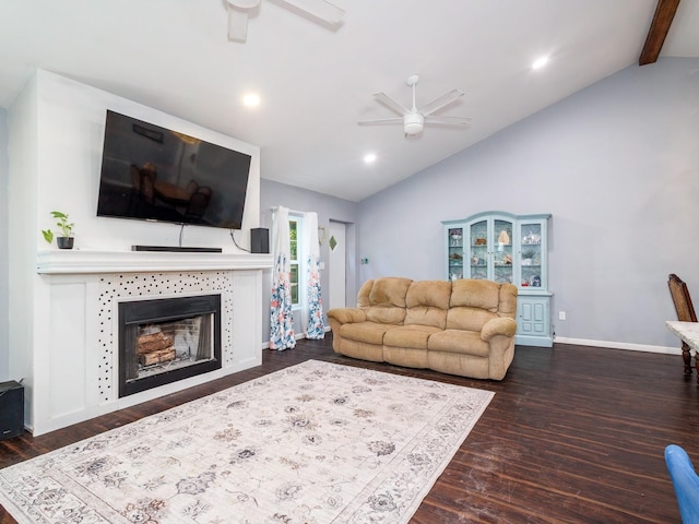 living room with a fireplace, a ceiling fan, recessed lighting, vaulted ceiling with beams, and wood finished floors