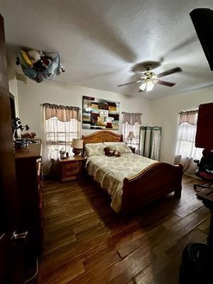 bedroom featuring ceiling fan and wood-type flooring