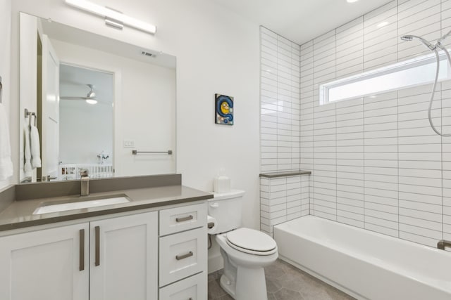 bathroom with ceiling fan, bathtub / shower combination, vanity, toilet, and visible vents