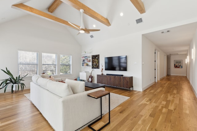 living area with light wood-type flooring, ceiling fan, high vaulted ceiling, and beamed ceiling