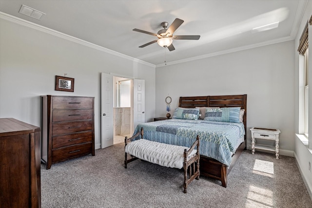 carpeted bedroom with a ceiling fan, baseboards, visible vents, and ornamental molding