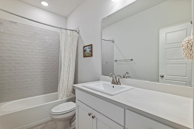 full bath with vanity, toilet, and shower / bath combination with curtain
