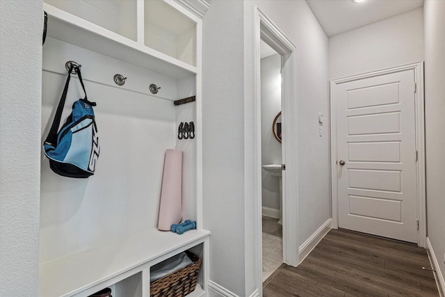 mudroom featuring baseboards and dark wood-type flooring