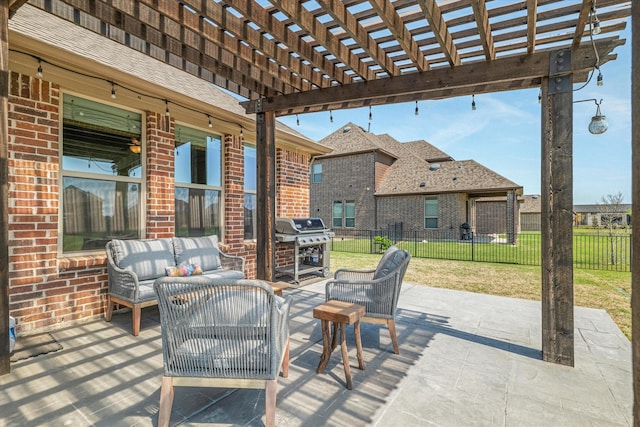 view of patio featuring fence, a pergola, area for grilling, and outdoor lounge area