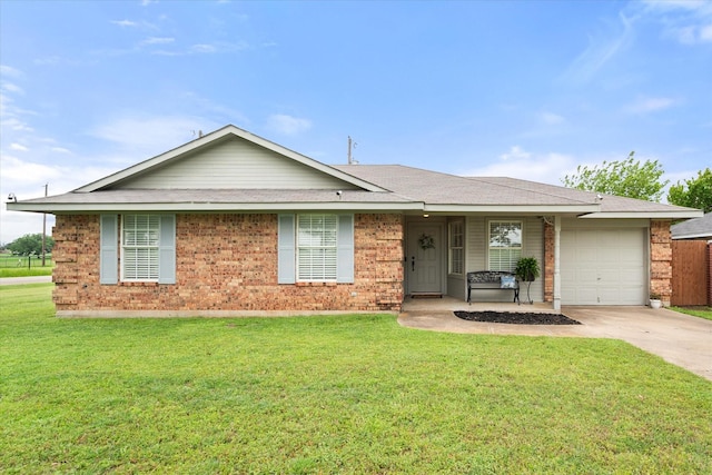 ranch-style home featuring driveway, roof with shingles, a garage, brick siding, and a front lawn