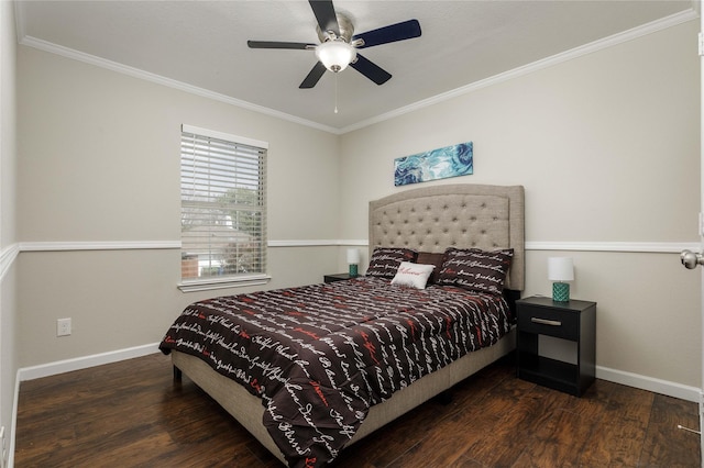 bedroom with crown molding, baseboards, a ceiling fan, and wood finished floors