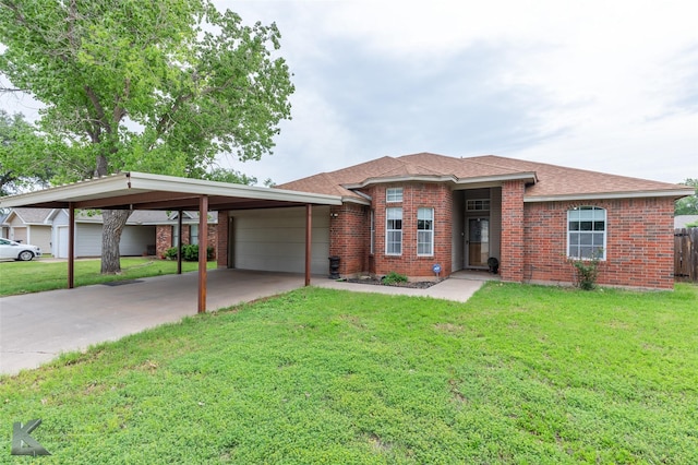 view of front facade featuring a garage, concrete driveway, a front lawn, and brick siding